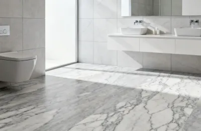 Armstrong sheet vinyl flooring in a bathroom with stone-look pattern