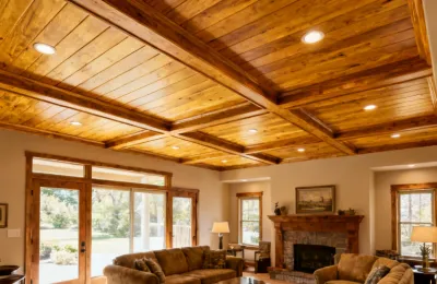 Armstrong wood-look decorative ceiling planks in a living room