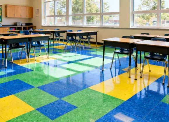 Armstrong VCT tile in a colorful classroom setting