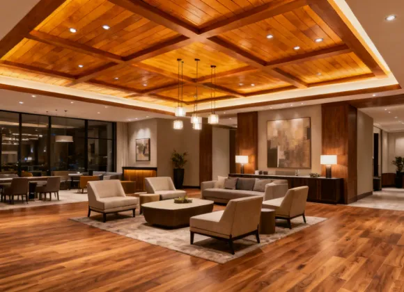 Armstrong LVP and ceiling planks in a hotel lobby