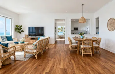 Armstrong wide-plank oak LVP in a coastal living room